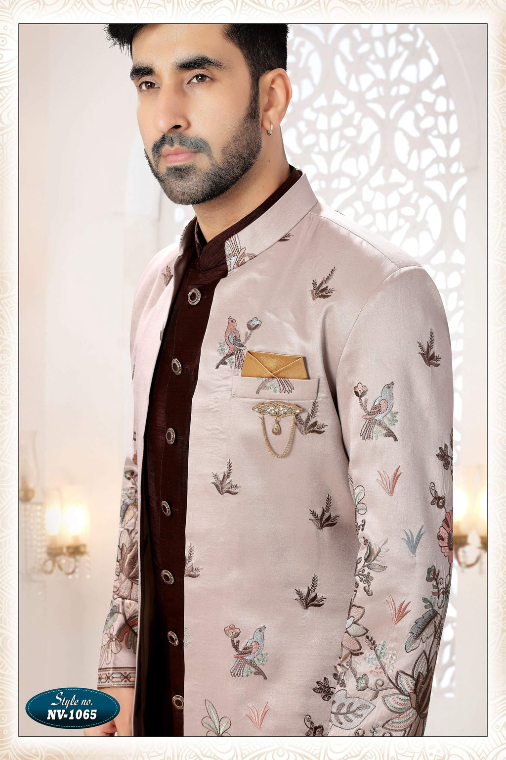 Joban Fashion Men's Skin Brown Straight Silk Thread And Sequence Embroidery All Over 3 Pc Kurta Set