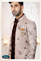 Joban Fashion Men's Skin Brown Straight Silk Thread And Sequence Embroidery All Over 3 Pc Kurta Set