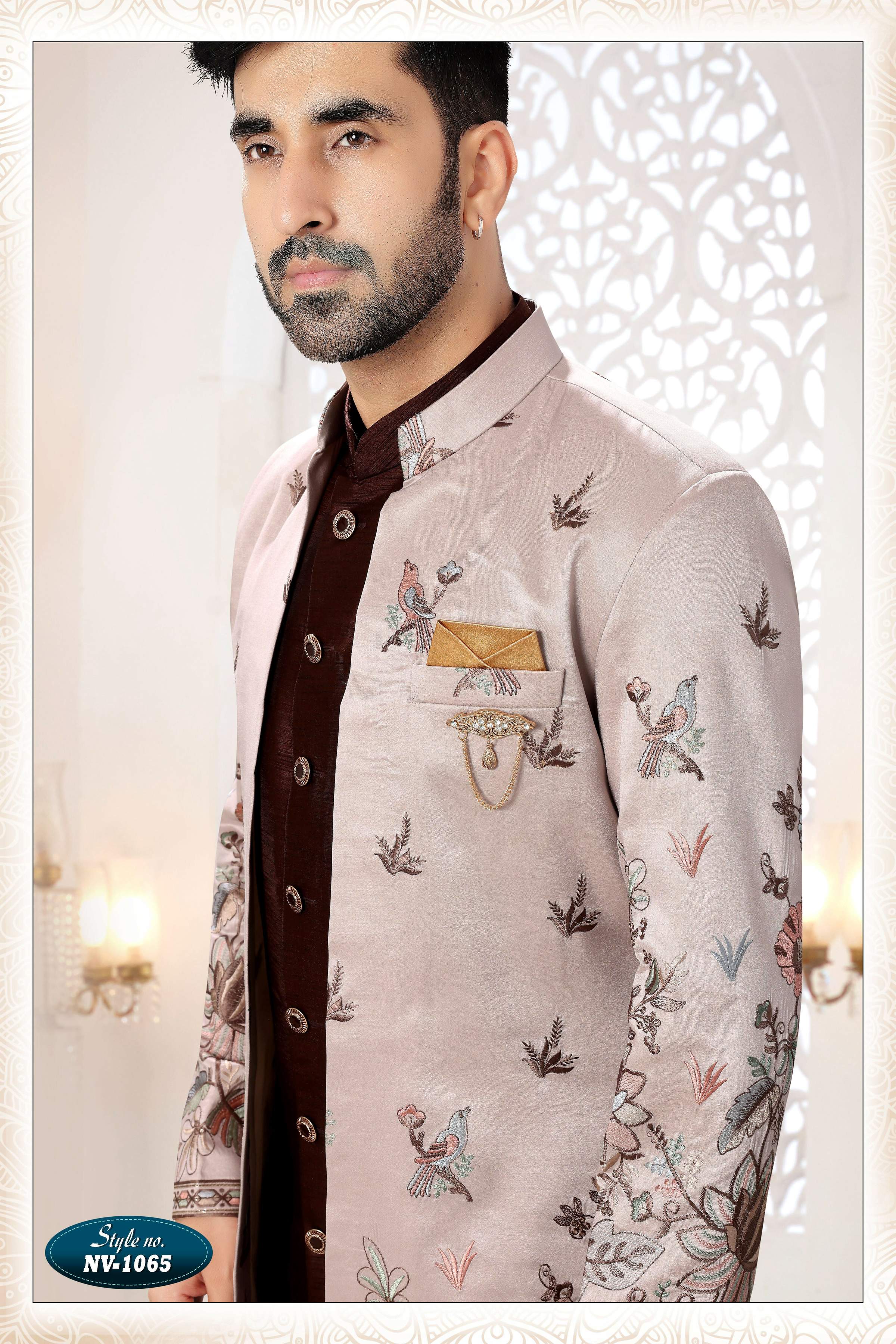 Joban Fashion Men's Skin Brown Straight Silk Thread And Sequence Embroidery All Over 3 Pc Kurta Set