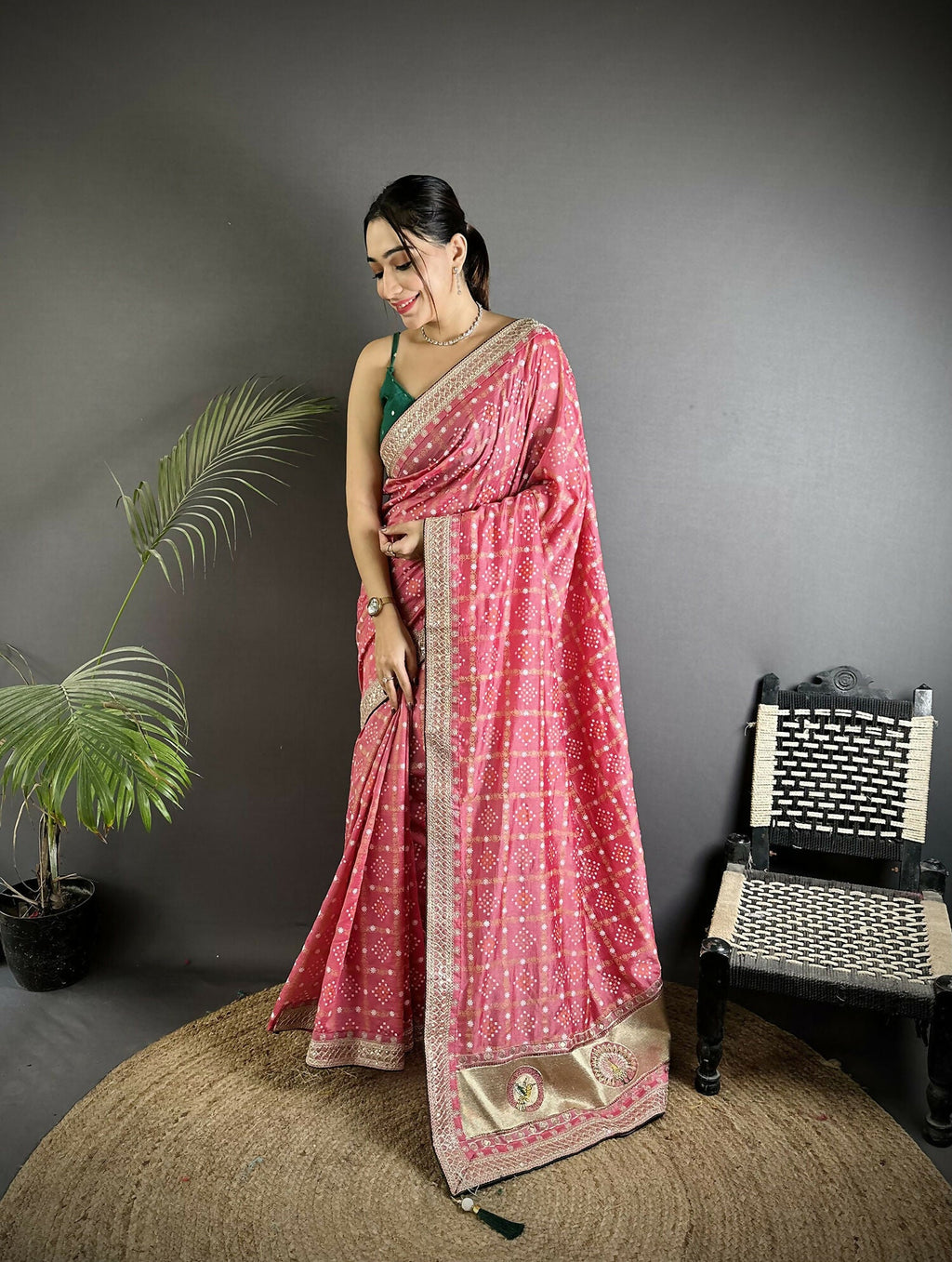 Joban Fashion Dusty Pink Bandhej Bandhani Vichitra Silk Bandhani Prints Saree - Distacart