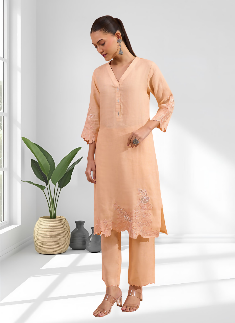 Joban Fashion Coral Linen Embroidered Readymade Long Kurta With Pant - Distacart