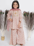 Little Bansi Floral Shiffli Kurta With Plazzo And Dupatta - Brown