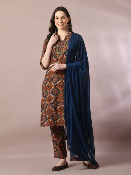 Myshka Women's Multi Printed Cotton Straight Party Kurta Set With Dupatta