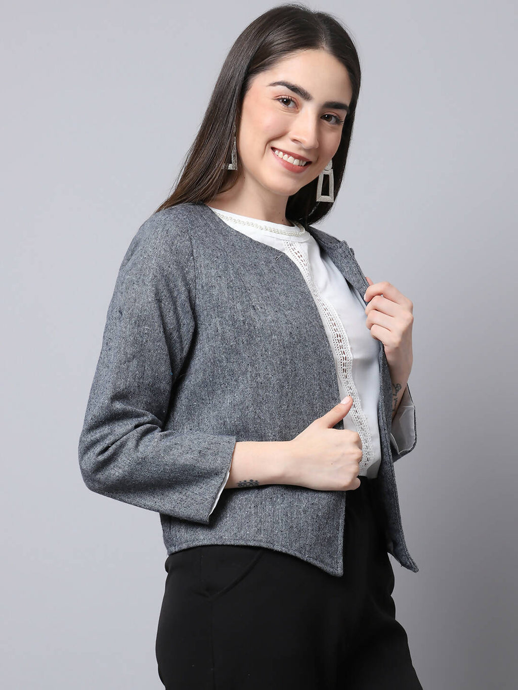 Even Apparels Grey Pure Wool Open Front Statement Jacket