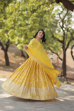 Vastranavya Designer Dyeable Pure Viscose Jacquard Fabric Lehenga Choli & Dupatta Set - Yellow