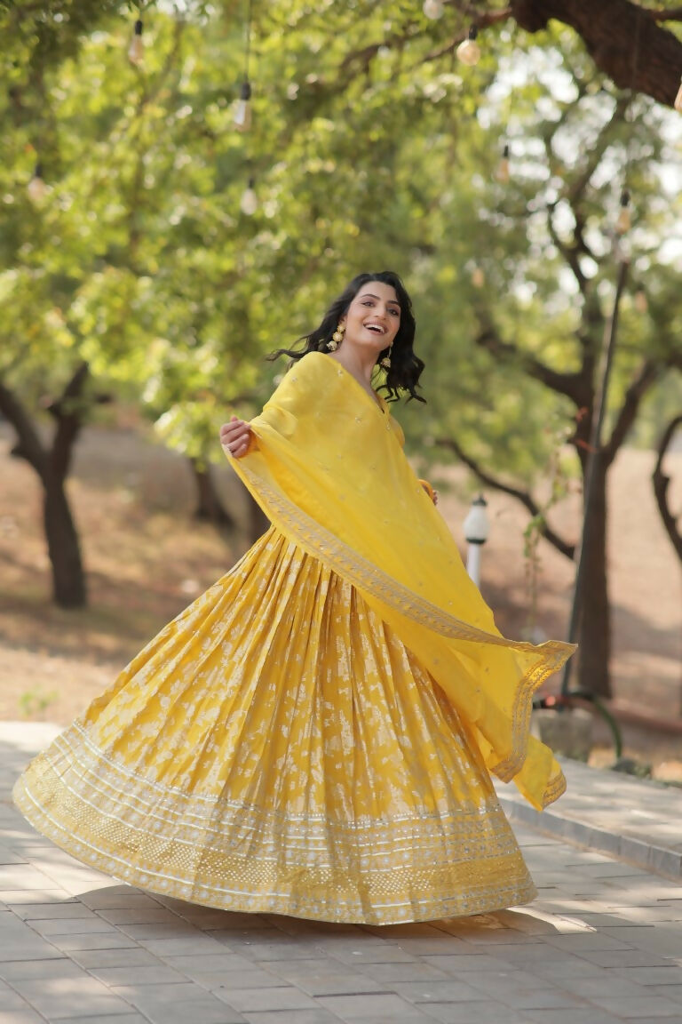 Vastranavya Designer Dyeable Pure Viscose Jacquard Fabric Lehenga Choli & Dupatta Set - Yellow