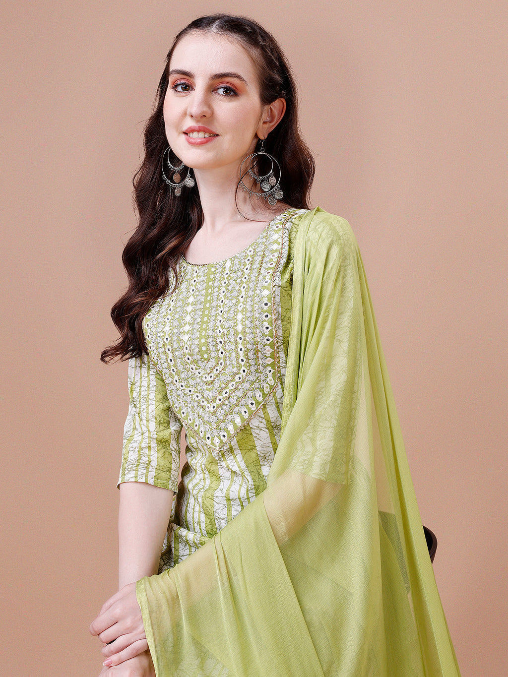Mirror Embroidered & Striped Printed Cotton Kurta With Pant & Dupatta Set, Multicolor - Hiral Fashion - Distacart