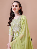 Mirror Embroidered & Striped Printed Cotton Kurta With Pant & Dupatta Set, Multicolor - Hiral Fashion - Distacart