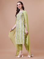 Mirror Embroidered & Striped Printed Cotton Kurta With Pant & Dupatta Set, Multicolor - Hiral Fashion - Distacart