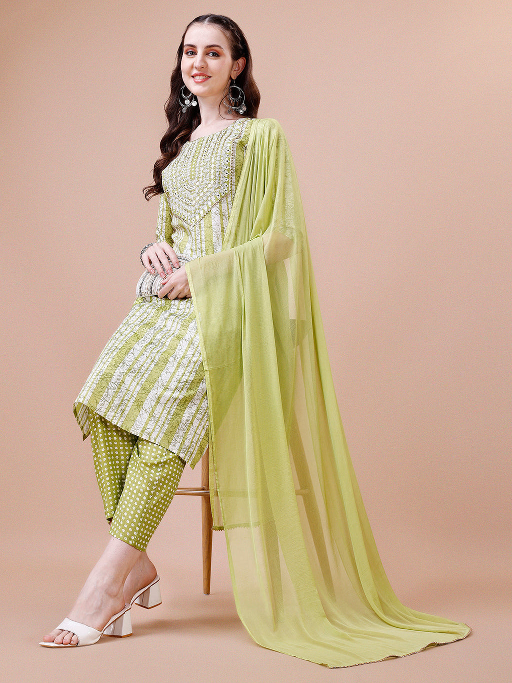 Mirror Embroidered & Striped Printed Cotton Kurta With Pant & Dupatta Set, Multicolor - Hiral Fashion - Distacart
