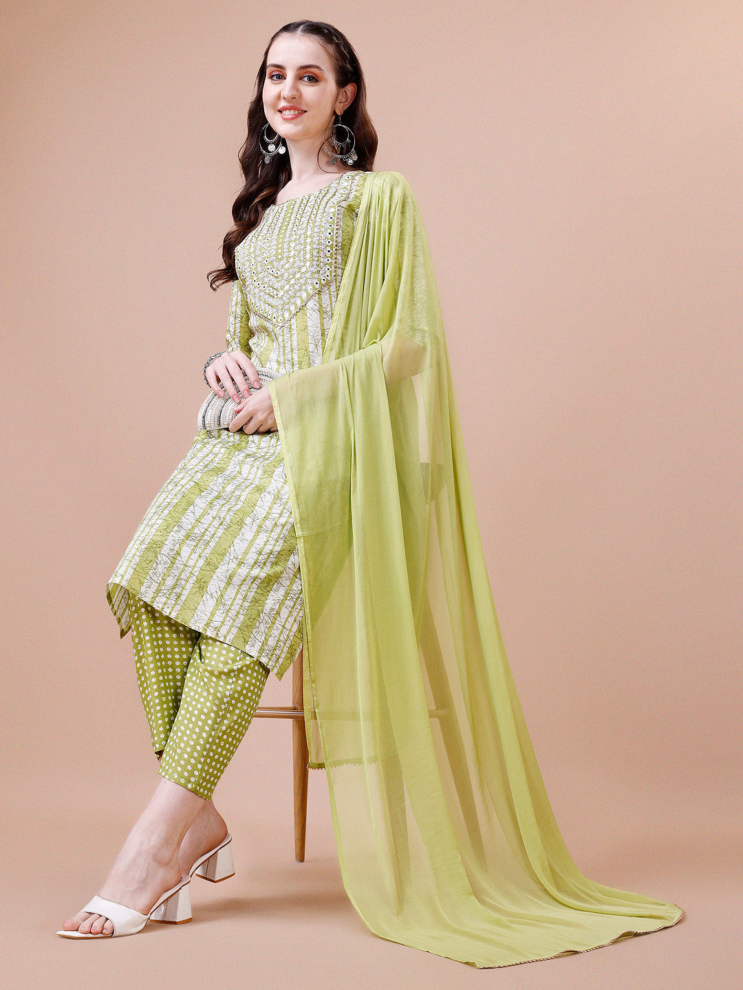 Mirror Embroidered & Striped Printed Cotton Kurta With Pant & Dupatta Set, Multicolor - Hiral Fashion - Distacart