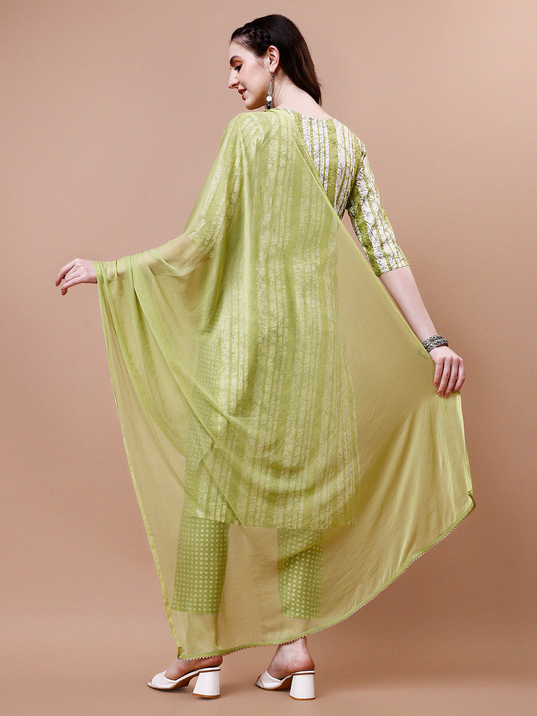 Mirror Embroidered & Striped Printed Cotton Kurta With Pant & Dupatta Set, Multicolor - Hiral Fashion - Distacart