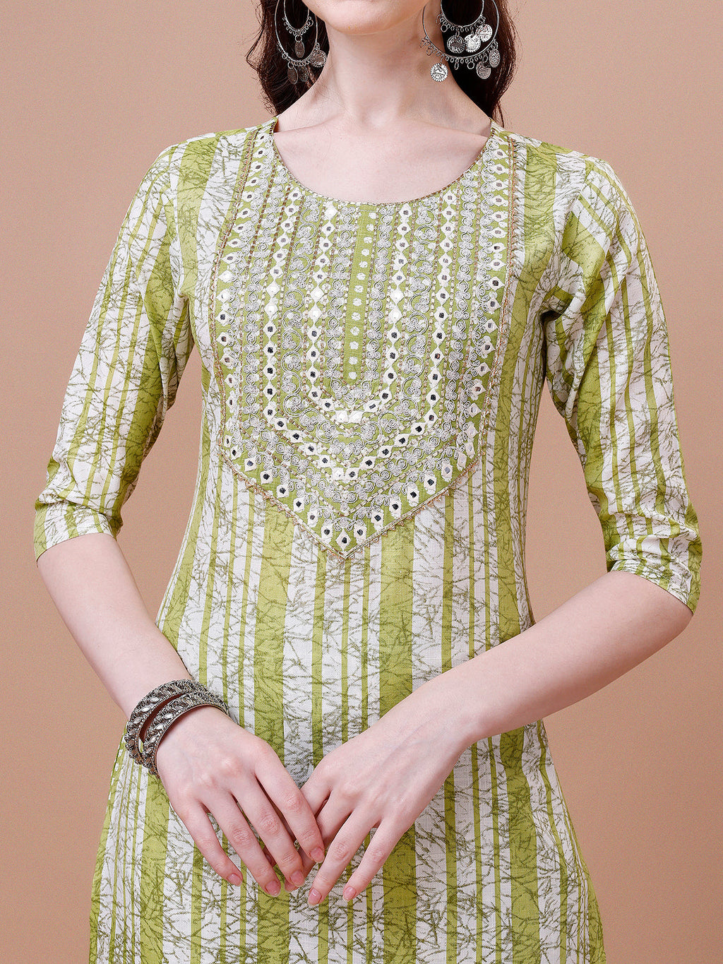 Mirror Embroidered & Striped Printed Cotton Kurta With Pant & Dupatta Set, Multicolor - Hiral Fashion - Distacart