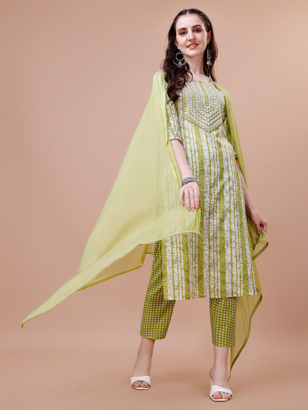 Mirror Embroidered & Striped Printed Cotton Kurta With Pant & Dupatta Set, Multicolor - Hiral Fashion - Distacart