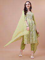 Mirror Embroidered & Striped Printed Cotton Kurta With Pant & Dupatta Set, Multicolor - Hiral Fashion - Distacart