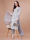 Mirror Embroidered & Striped Printed Cotton Kurta With Pant & Dupatta Set, Multicolor - Hiral Fashion - Distacart