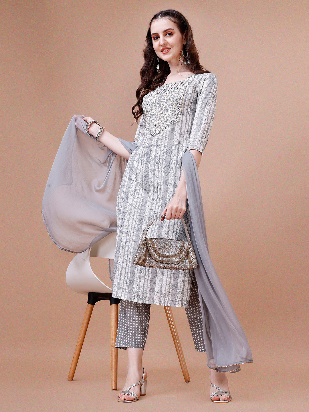 Mirror Embroidered & Striped Printed Cotton Kurta With Pant & Dupatta Set, Multicolor - Hiral Fashion - Distacart