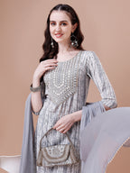 Mirror Embroidered & Striped Printed Cotton Kurta With Pant & Dupatta Set, Multicolor - Hiral Fashion - Distacart