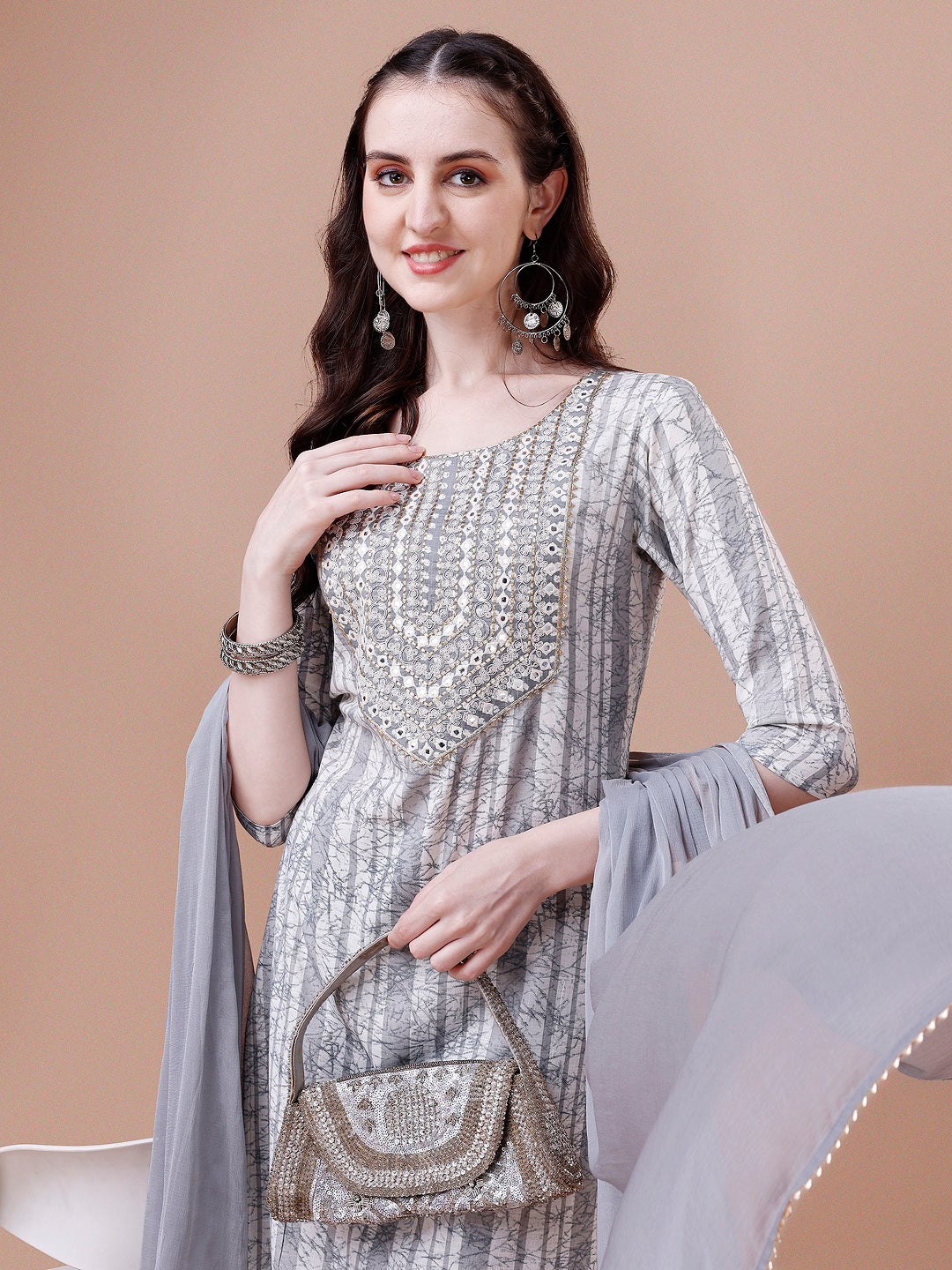 Mirror Embroidered & Striped Printed Cotton Kurta With Pant & Dupatta Set, Multicolor - Hiral Fashion - Distacart