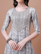 Mirror Embroidered & Striped Printed Cotton Kurta With Pant & Dupatta Set, Multicolor - Hiral Fashion - Distacart