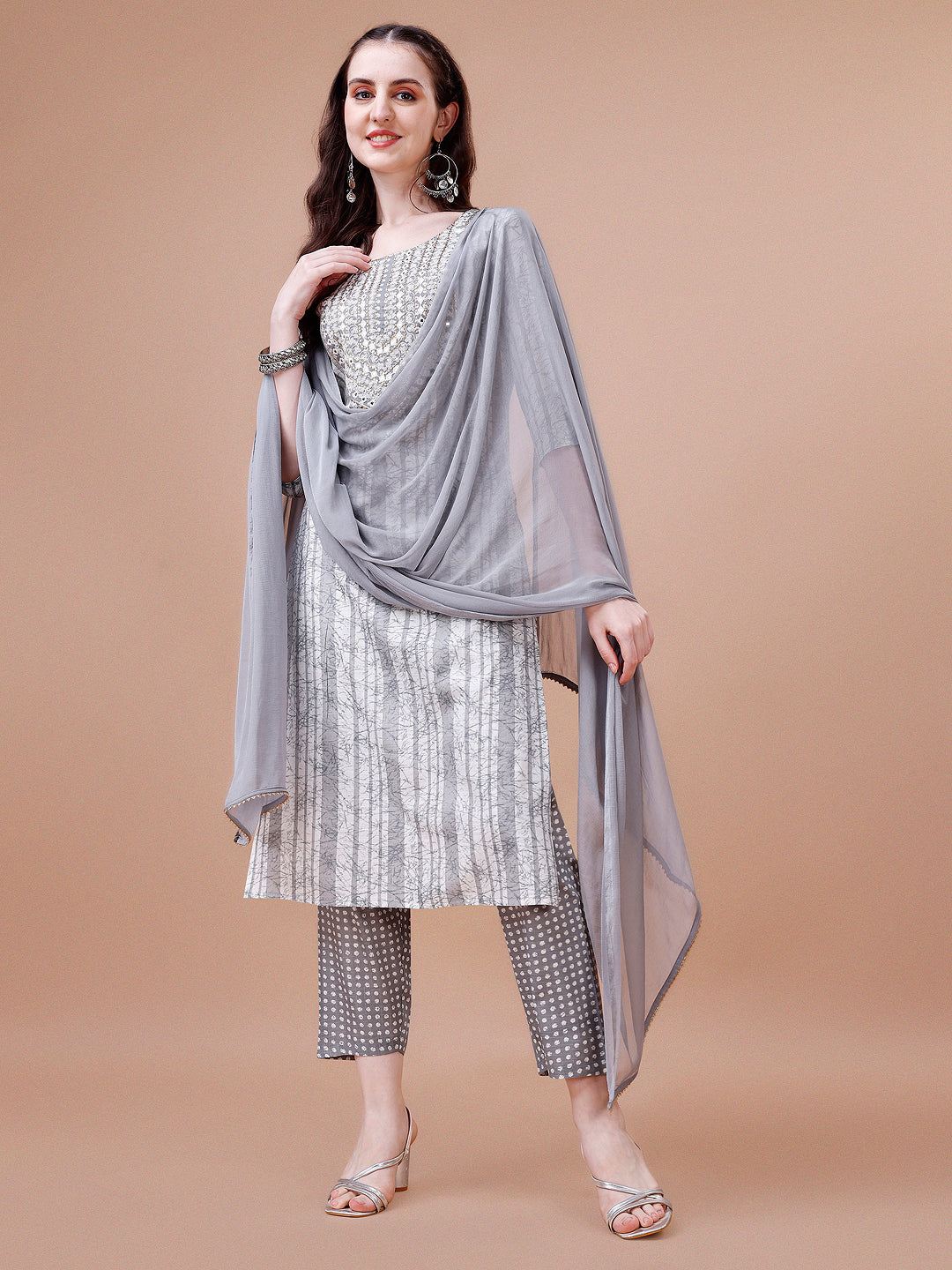 Mirror Embroidered & Striped Printed Cotton Kurta With Pant & Dupatta Set, Multicolor - Hiral Fashion - Distacart