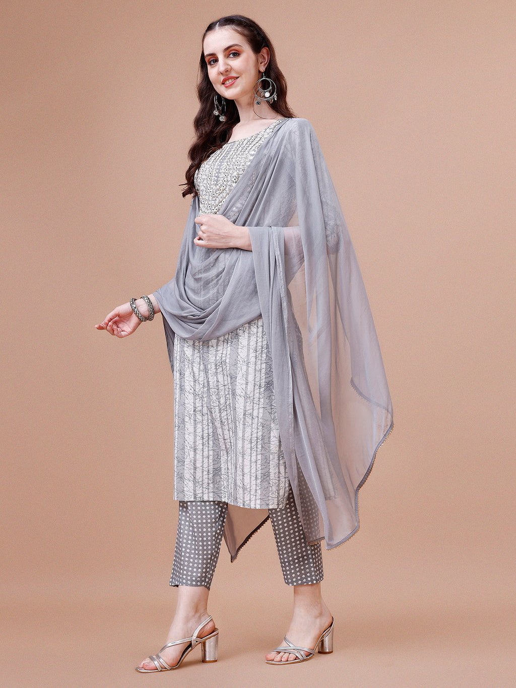 Mirror Embroidered & Striped Printed Cotton Kurta With Pant & Dupatta Set, Multicolor - Hiral Fashion - Distacart