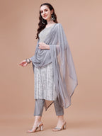 Mirror Embroidered & Striped Printed Cotton Kurta With Pant & Dupatta Set, Multicolor - Hiral Fashion - Distacart