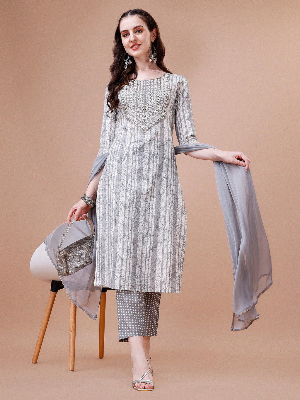 Mirror Embroidered & Striped Printed Cotton Kurta With Pant & Dupatta Set, Multicolor - Hiral Fashion - Distacart