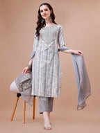 Mirror Embroidered & Striped Printed Cotton Kurta With Pant & Dupatta Set, Multicolor - Hiral Fashion - Distacart