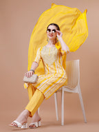 Mirror Embroidered & Striped Printed Cotton Kurta With Pant & Dupatta Set, Multicolor - Hiral Fashion - Distacart