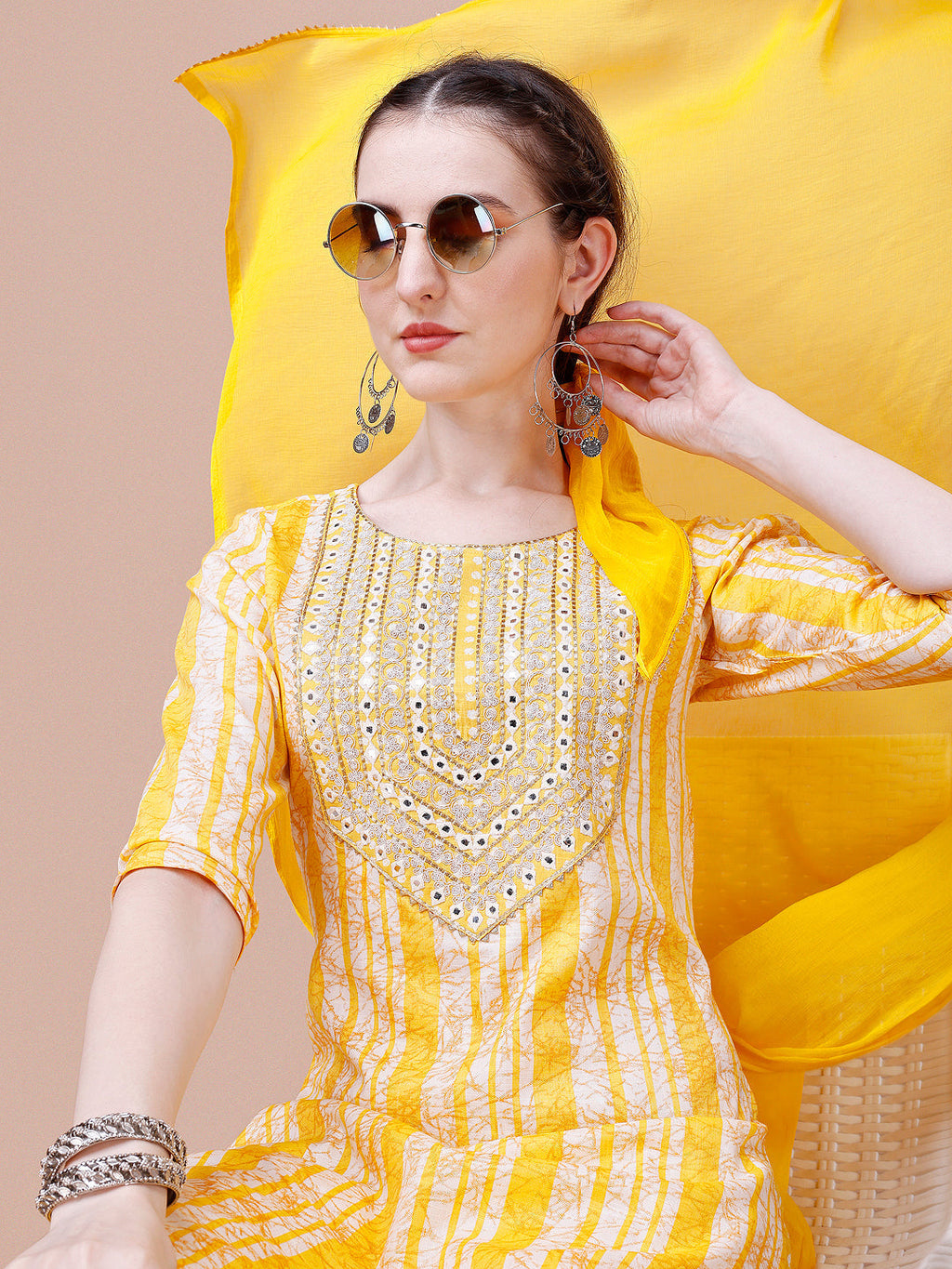 Mirror Embroidered & Striped Printed Cotton Kurta With Pant & Dupatta Set, Multicolor - Hiral Fashion - Distacart