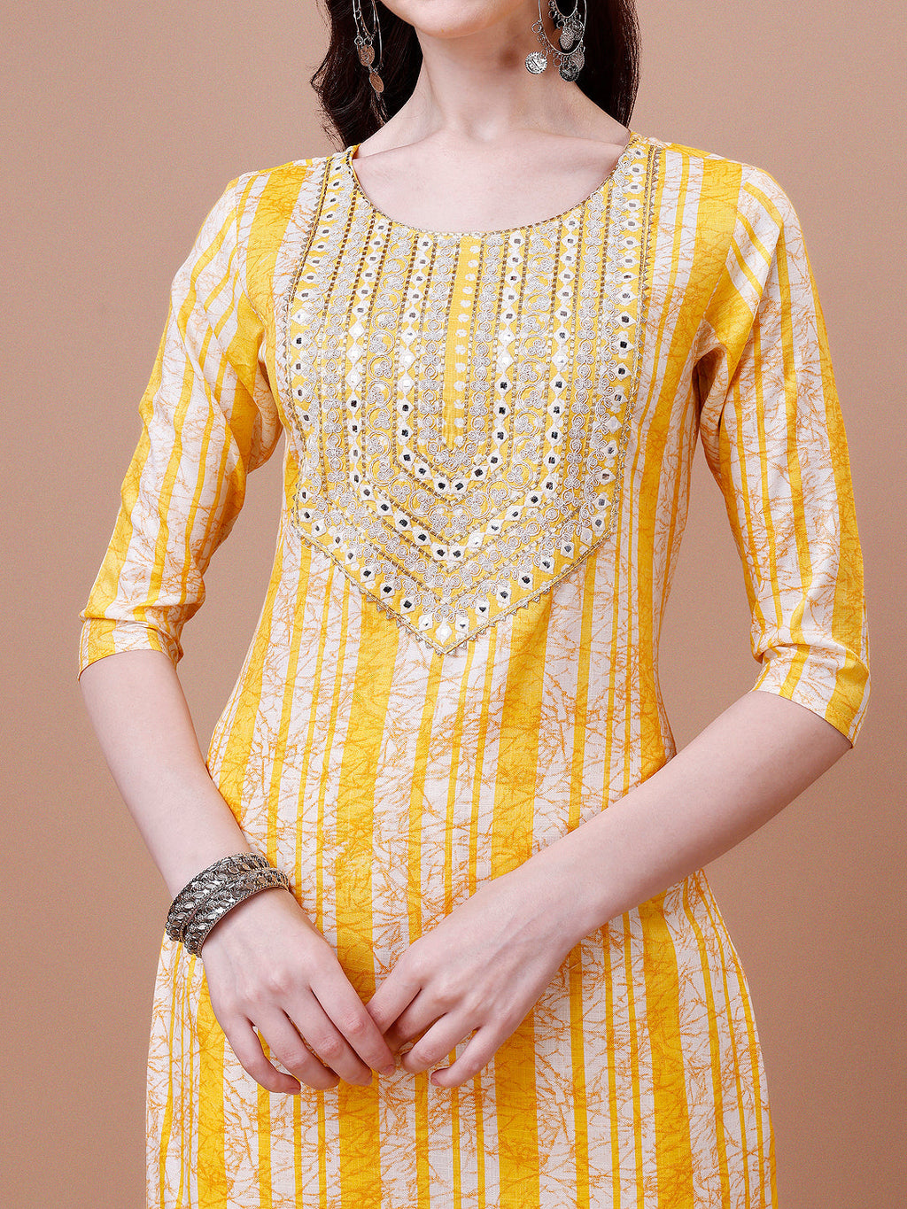 Mirror Embroidered & Striped Printed Cotton Kurta With Pant & Dupatta Set, Multicolor - Hiral Fashion - Distacart
