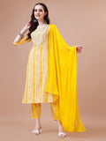 Mirror Embroidered & Striped Printed Cotton Kurta With Pant & Dupatta Set, Multicolor - Hiral Fashion - Distacart