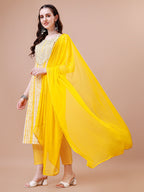 Mirror Embroidered & Striped Printed Cotton Kurta With Pant & Dupatta Set, Multicolor - Hiral Fashion - Distacart