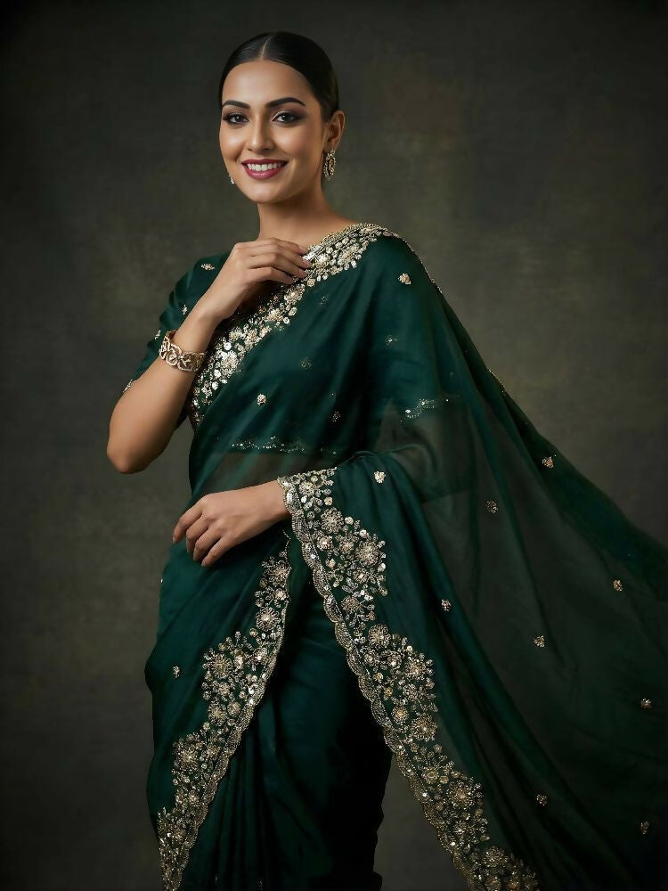 Joban Fashion Green Fandy Satin Silk Party Wear Sarees - Distacart