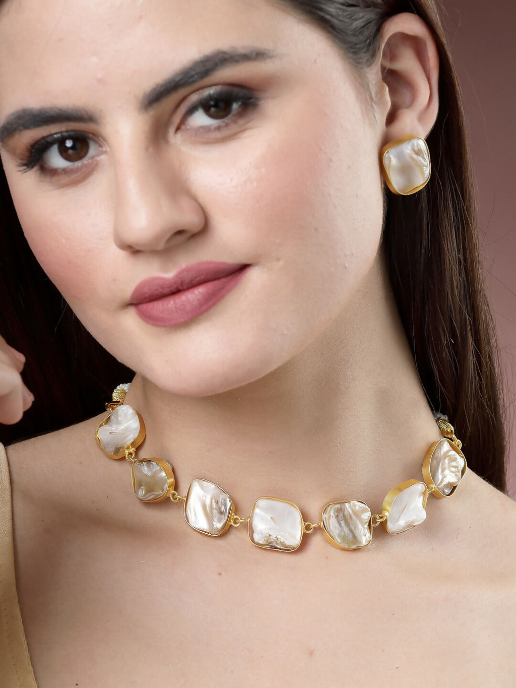 NVR Women's Gold-Polished Mother of Pearl Handcrafted Jewellery Set