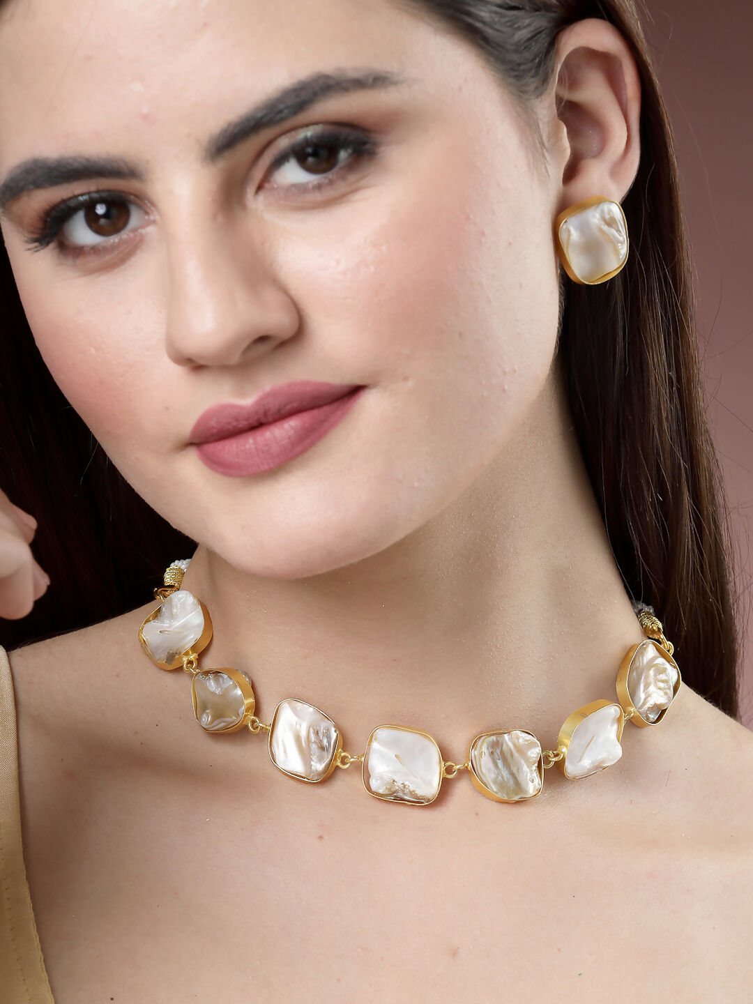 NVR Women's Gold-Polished Mother of Pearl Handcrafted Jewellery Set