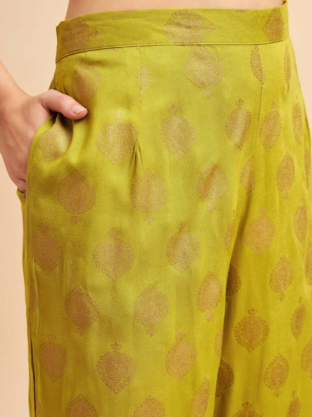 Lime Green & Golden Ethnic Motifs Print Kurta with Palazzo & Dupatta - Vishwa