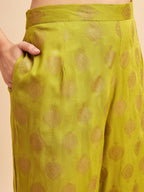 Lime Green & Golden Ethnic Motifs Print Kurta with Palazzo & Dupatta - Vishwa