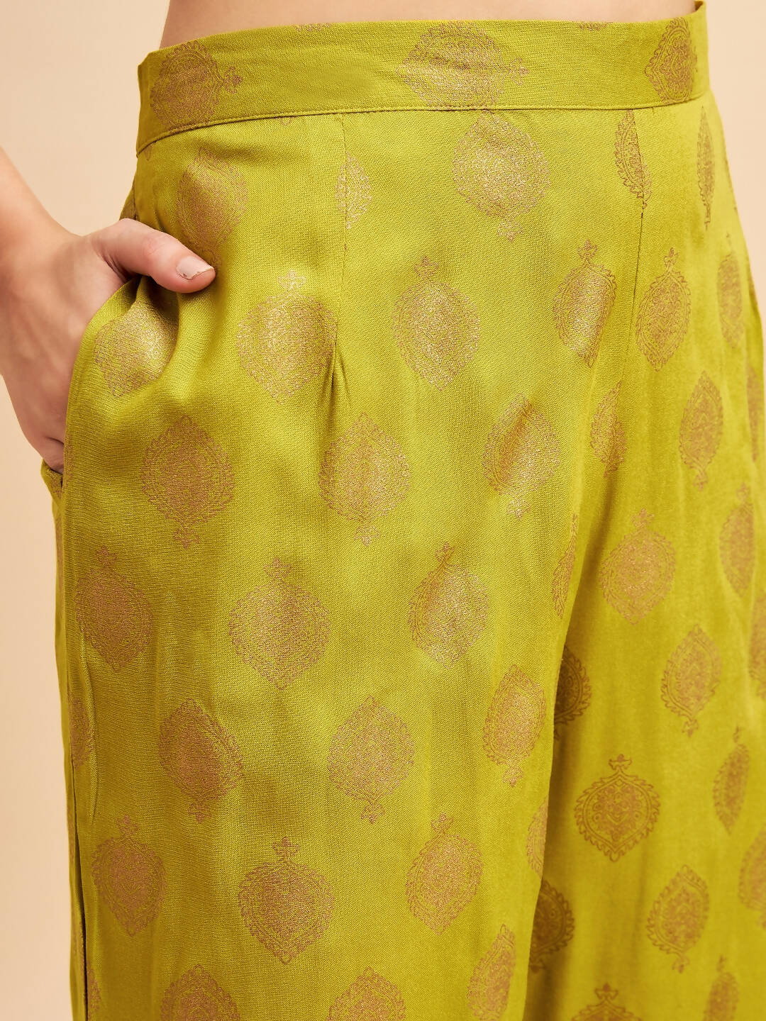 Lime Green & Golden Ethnic Motifs Print Kurta with Palazzo & Dupatta - Vishwa