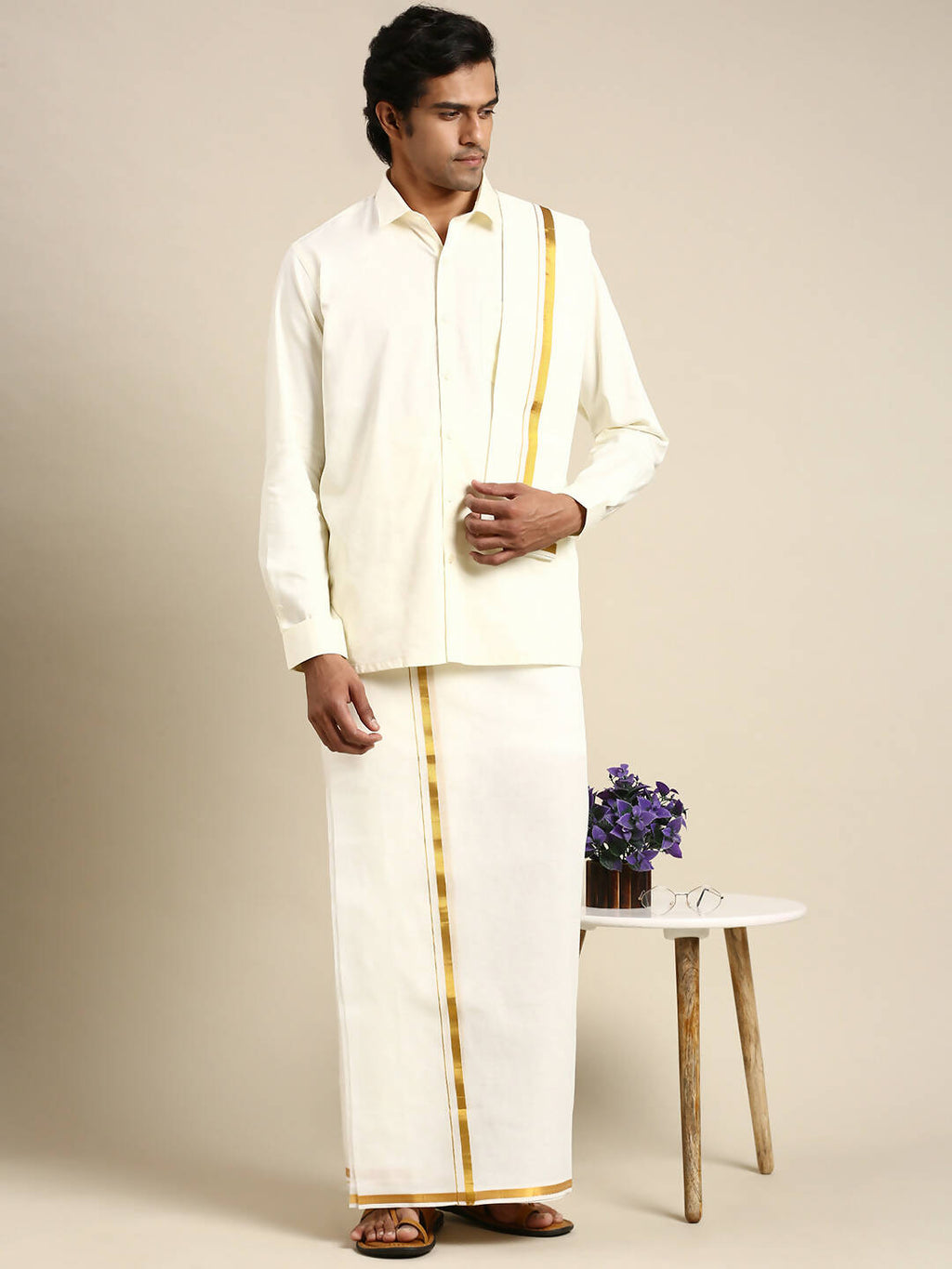 Ramraj Cotton Mens Premium Wedding Cream Dhoti with shirt Bit & Towel Set