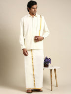 Ramraj Cotton Mens Premium Wedding Cream Dhoti with shirt Bit & Towel Set