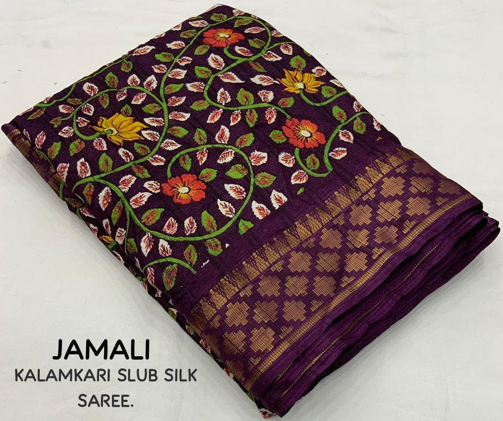 Purple Slub Silk Printed Saree with Unstitched Blouse - Hiral Fashion