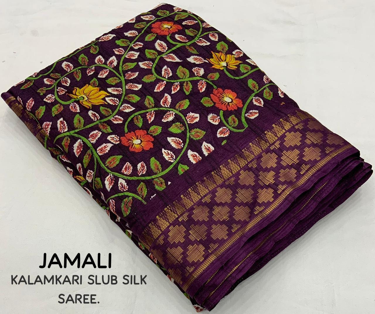 Purple Slub Silk Printed Saree with Unstitched Blouse - Hiral Fashion