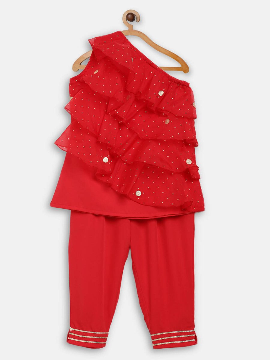 Ahalyaa Red Georgette Ruffel Kids Top With Bottom For Girls