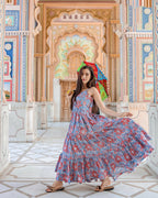 Designer Partywear Printed Blue Pure Maslin Gown - Anbazaar - Distacart