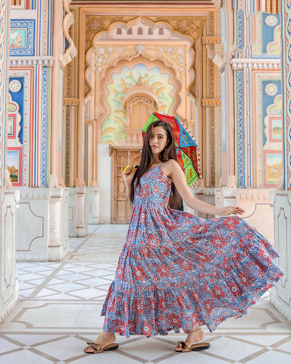 Designer Partywear Printed Blue Pure Maslin Gown - Anbazaar - Distacart