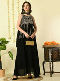 Myshka Women's Black Georgette Top & Skirt With Dupatta Party Sets