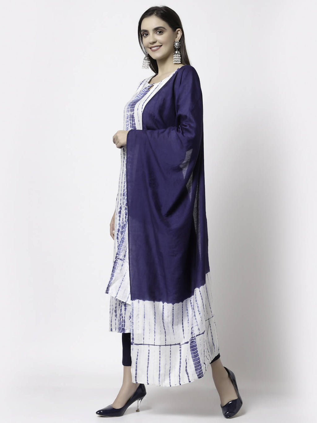 Myshka Women White Viscose Printed 3/4 Sleeve Round Neck Kurta Pant Dupatta Set