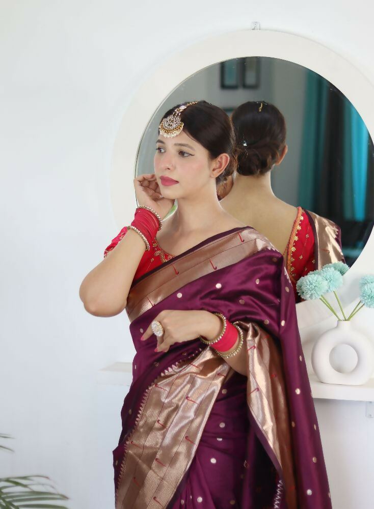 Wine Woven Jacquard Designer Embroidery Work Party Wear Saree - Parampara